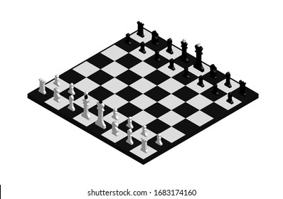 isometric, black and white chessboard with pieces. Isolated vector on white background