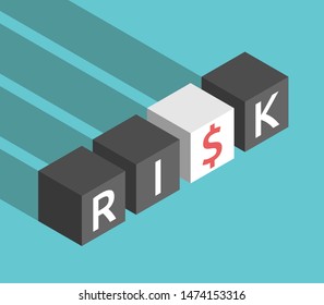 Isometric black and white cubes, risk word with red dollar sign instead of letter S. Analysis, management and gain concept. Flat design. EPS 8 vector illustration, no transparency, no gradients