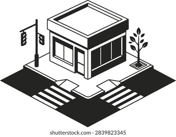 An isometric black and white illustration of a corner building at a street crossing.
