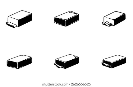 Isometric black and white illustrations showing various views of a butter stick, some with wrapper.