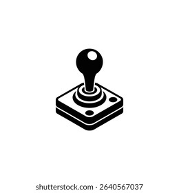 Isometric black and white image of a retro video game joystick with a square base, four buttons, and a spherical handle, in a simple vector style.