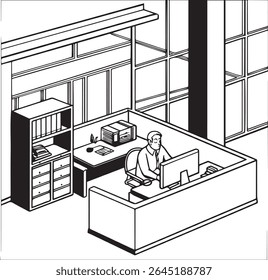 Um desenho isométrico em preto e branco de um homem trabalhando em um computador em seu cubículo de escritório. Esta ilustração limpa mostra um espaço de trabalho corporativo típico de um ângulo de visão mais alto.