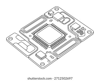 Línea isométrica en blanco y negro de un microchip y componentes de la placa de circuito