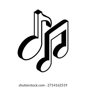 Isometrisches Notensymbol für schwarz-weiße Musik. Vektormusik-Symbol sechzehnte Note. Achte Note, Vektorkontur-Symbol einzeln auf transparentem Hintergrund.