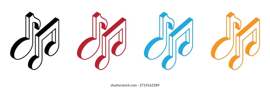 Isometrisches Notensymbol für schwarz-weiße Musik. Vektormusik-Symbol sechzehnte Note. Achte Note, Vektorkontur-Symbol einzeln auf transparentem Hintergrund.