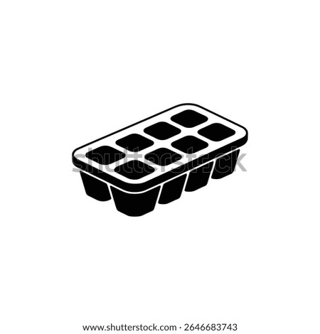 Isometric black and white rendering of a filled, rectangular ice cube tray. Features eight square cavities for cube formation, casting a subtle drop shadow.