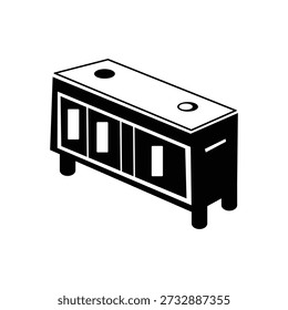 Isometric black and white vector icon of a wooden sideboard or TV stand cabinet with doors and legs, silhouette style furniture illustration, isolated on white background for interior design.