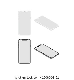 Isometric Black And White Vector Smartphone, Mobile , Empty Screen Phone Template For Inserting Any UI Interface, Mock Up Design Perspective View. - Vector