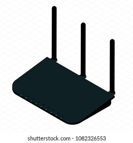 Isometric black wireless wi-fi router with three antennas. Flat design icon for high speed internet connection.
