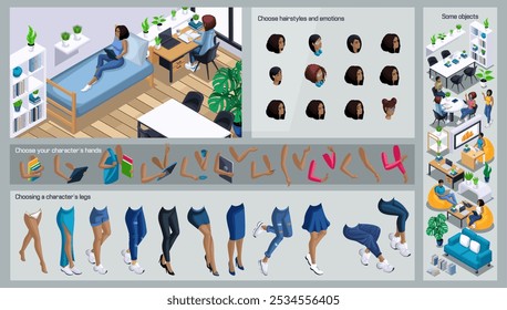 Isometric Black WoMan characters constructor for design. Use Separate Body Parts to Create An Animated Character. Set of Emotions, Hairstyles, Hands and Feet. Set action N1.