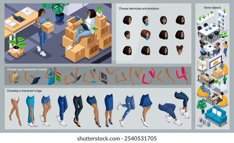 Isometric Black WoMan characters constructor for design. Use Separate Body Parts to Create An Animated Character. Set of Emotions, Hairstyles, Hands and Feet. Set action N3.