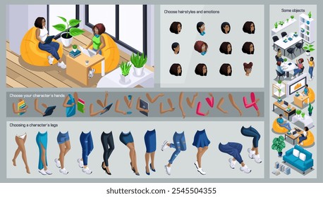 Construtor de caracteres Isometric Black WoMan para design. Use Partes De Corpo Separadas Para Criar Um Caractere Animado. Conjunto de emoções, penteados, mãos e pés. Se