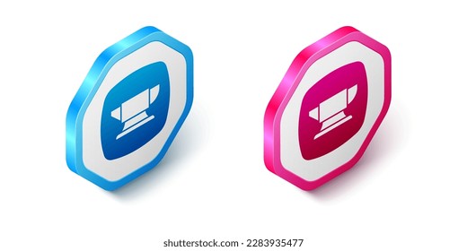 Isometric Blacksmith anvil tool icon isolated on white background. Metal forging. Forge tool. Hexagon button. Vector
