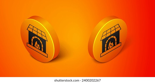 Isometric Blacksmith oven icon isolated on orange background. Orange circle button. Vector