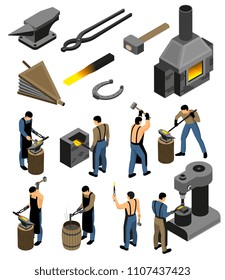 Isometric blacksmith set with isolated images of forging shop facilities and human character of iron forger vector illustration