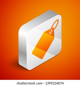 Isometric Blank label template price tag icon isolated on orange background. Empty shopping discount sticker. Template discount banner. Silver square button. Vector Illustration