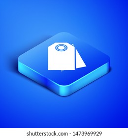 Isometric Blank label template price tag icon isolated on blue background. Empty shopping discount sticker. Template discount banner. Blue square button. Vector Illustration