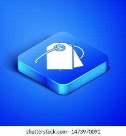 Isometric Blank label template price tag icon isolated on blue background. Empty shopping discount sticker. Template discount banner. Blue square button. Vector Illustration