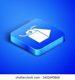 Isometric Blank label template price tag icon isolated on blue background. Empty shopping discount sticker. Template discount banner. Blue square button. Vector Illustration