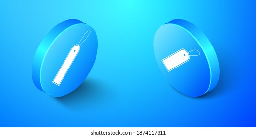 Isometric Blank label template price tag icon isolated on blue background. Empty shopping discounts sticker. Template discount banner. Blue circle button. Vector.
