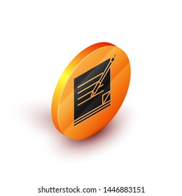 Isometric Blank notebook and pen icon isolated on white background. Paper and pen. Orange circle button. Vector Illustration