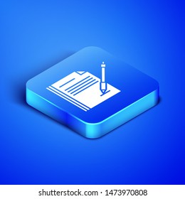 Isometric Blank notebook and pen icon isolated on blue background. Paper and pen. Blue square button. Vector Illustration