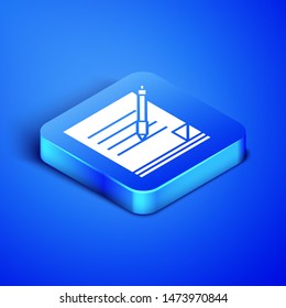 Isometric Blank notebook and pen icon isolated on blue background. Paper and pen. Blue square button. Vector Illustration