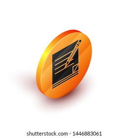 Isometric Blank notebook and pencil with eraser icon isolated on white background. Paper and pencil. Orange circle button. Vector Illustration