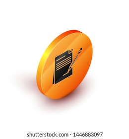 Isometric Blank notebook and pencil with eraser icon isolated on white background. Paper and pencil. Orange circle button. Vector Illustration