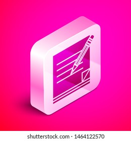 Isometric Blank notebook and pencil with eraser icon isolated on pink background. Paper and pencil. Silver square button. Vector Illustration