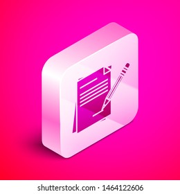 Isometric Blank notebook and pencil with eraser icon isolated on pink background. Paper and pencil. Silver square button. Vector Illustration