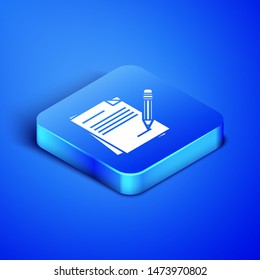 Isometric Blank notebook and pencil with eraser icon isolated on blue background. Paper and pencil. Blue square button. Vector Illustration