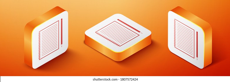 Isometric Blank notebook and pencil with eraser icon isolated on orange background. Orange square button. Vector.