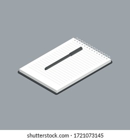 Isometric blank spiral notepad notebook and black pencil isolated on white background. Corporate identity mockup and promotional items.