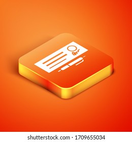 Isometric Blank template of the bank check and pen icon isolated on orange background. Checkbook cheque page with empty fields to fill. Vector Illustration