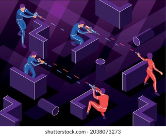 Isometric blaster game composition with characters of players shooting with laser guns surrounded by neon barriers vector illustration