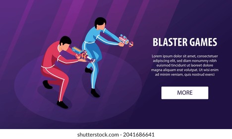 Isometric blaster game horizontal banner with editable text more button and characters of players pointing guns vector illustration