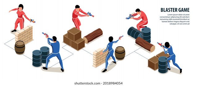 Isometric blaster game infographics with editable text and characters of players with laser guns and barriers vector illustration