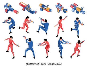Isometric blaster game nerf set of isolated laser gun icons and characters of players in uniform vector illustration