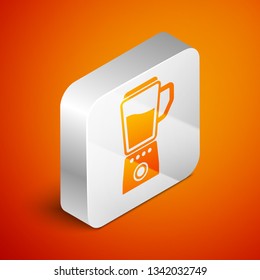 Isometric Blender icon isolated on orange background. Kitchen electric stationary blender with bowl. Cooking smoothies, cocktail or juice. Silver square button. Vector Illustration