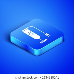 Isometric Blender icon isolated on blue background. Kitchen electric stationary blender. Cooking smoothies, cocktail or juice. Blue square button. Vector Illustration
