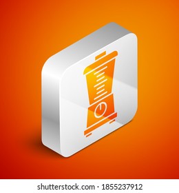 Isometric Blender icon isolated on orange background. Kitchen electric stationary blender with bowl. Cooking smoothies, cocktail or juice. Silver square button. Vector.
