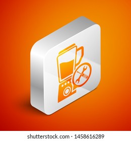 Isometric Blender with screwdriver and wrench icon isolated on orange background. Adjusting, service, setting, maintenance, repair, fixing. Silver square button. Vector Illustration
