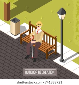 Isometric blind people background with old man in eyeglasses and hat with stick sitting on park bench vector illustration