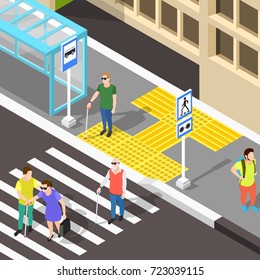 Isometric blind people background with urban scenery bus stop and zebra-stripe crosswalk with corduroy tactile paving vector illustration