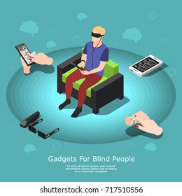 Isometric blind people conceptual background with partially sighted male character and various accessibility gadgets with text vector illustration