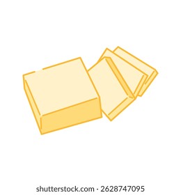 Isometric block of butter with a slice tilted forward.