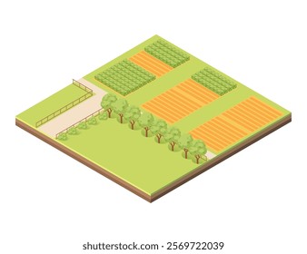 Isometric block with layers of earth. Farm landscape with crops, trees, and open green areas. Great for agricultural designs, eco-living illustrations, or rural visuals. Vector illustration