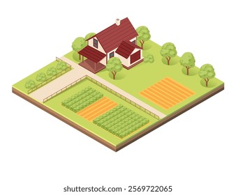 Isometric block with layers of earth. Farm with a red house, vegetable plots, trees, and pathways. Ideal for rural landscapes, agricultural designs, or eco-living visuals. Vector illustration