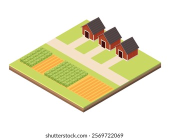 Isometric block with layers of earth. Farmland with fields, pathways, and small red houses. Perfect for agricultural designs, rural development, or community living visuals. Vector illustration